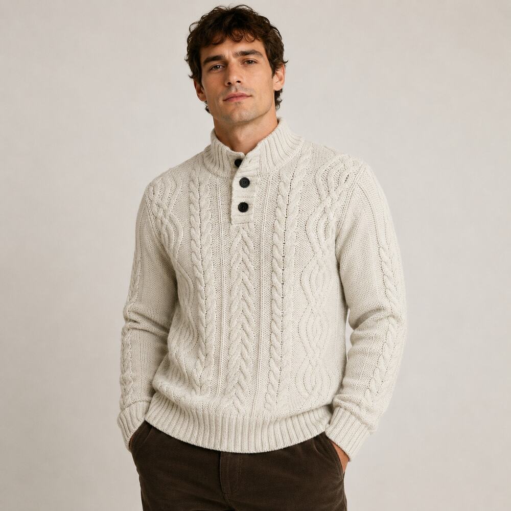 Old Navy Cream Cable Knit Button Mock Neck Sweater L